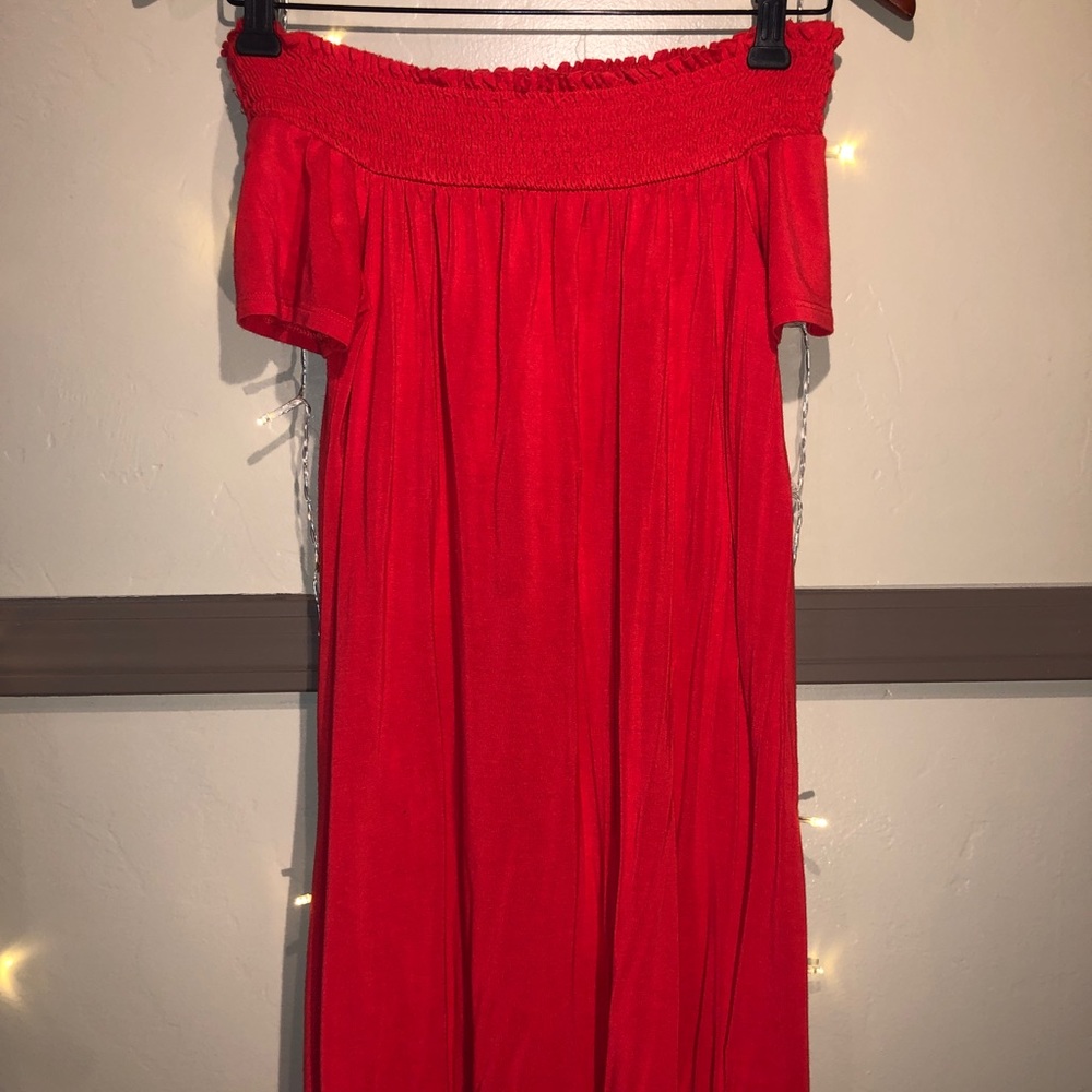 off the shoulder red dress